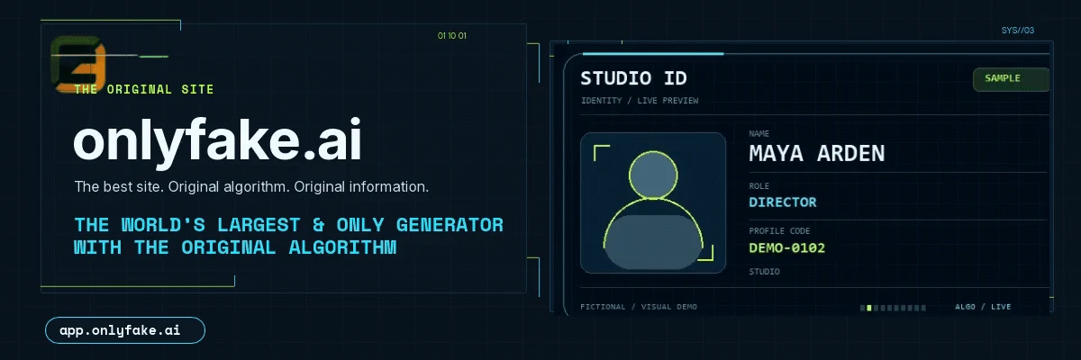 OnlyFake promotional banner with a fictional Studio ID marked SAMPLE.