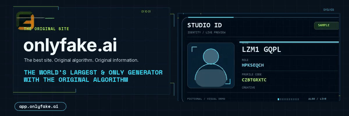 OnlyFake promotional banner with a fictional Studio ID marked SAMPLE.